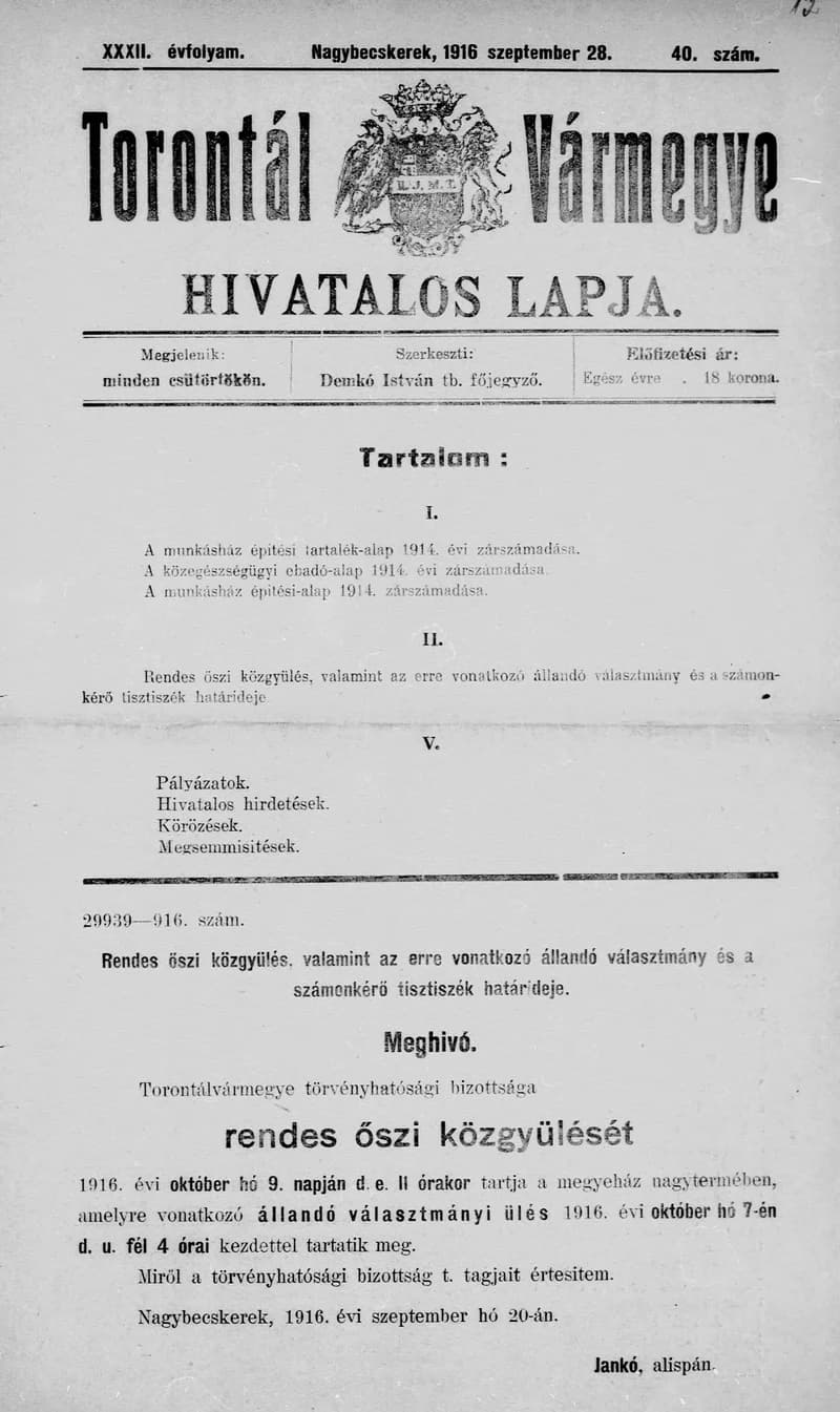 Torontál Vármegye Hivatalos Lapja, 32. évf. 1916. szeptember 28. 40. sz.