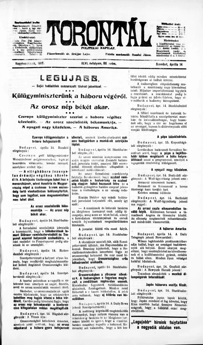 Torontál, 46. évf. 1917. április 14. 86. sz.