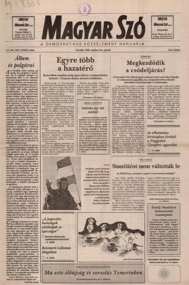 Magyar Szó, 55. évf. 1998. október 30. 259. sz. 1–16. oldal
