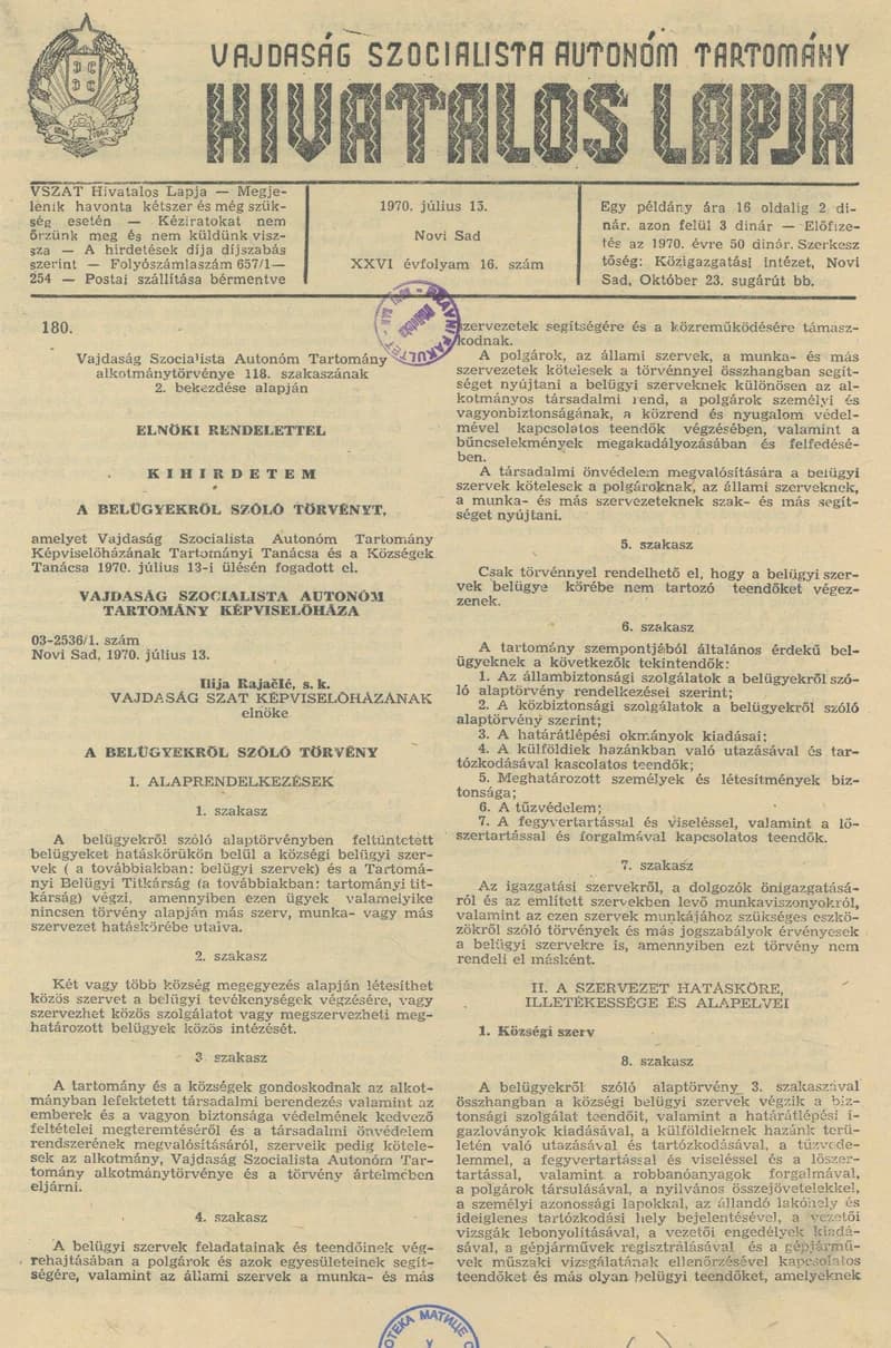 Vajdaság Szocialista Autonóm Tartomány Hivatalos Lapja, 26. évf. 1970. július 15. 16. sz. 173–200. oldal