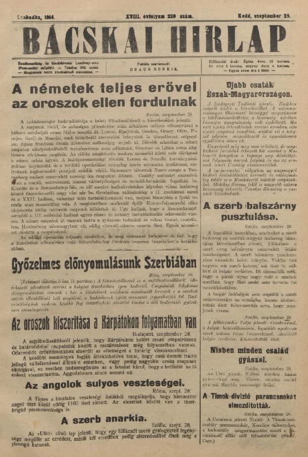 Bácskai Hirlap, 18. évf. 1914. szeptember 28. 220. sz.