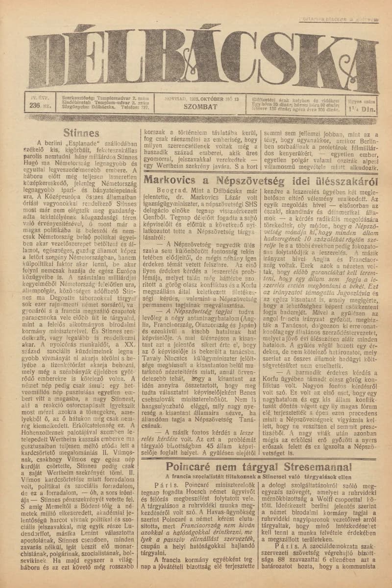 Délbácska, 4. évf. 1923. október 13. 236. sz.
