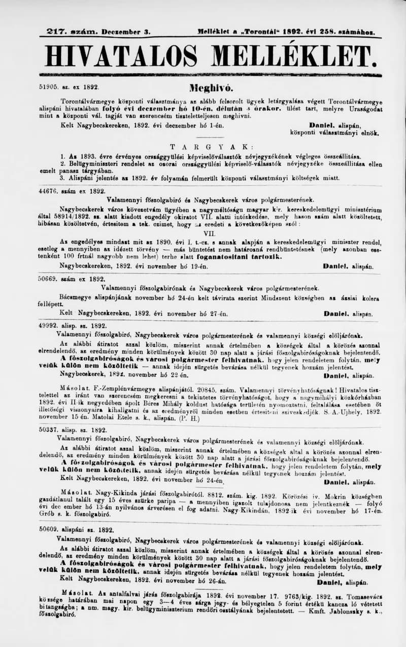 A Totontál  hivatalos melléklete, 5. évf. 1892. december 3. 217. sz.