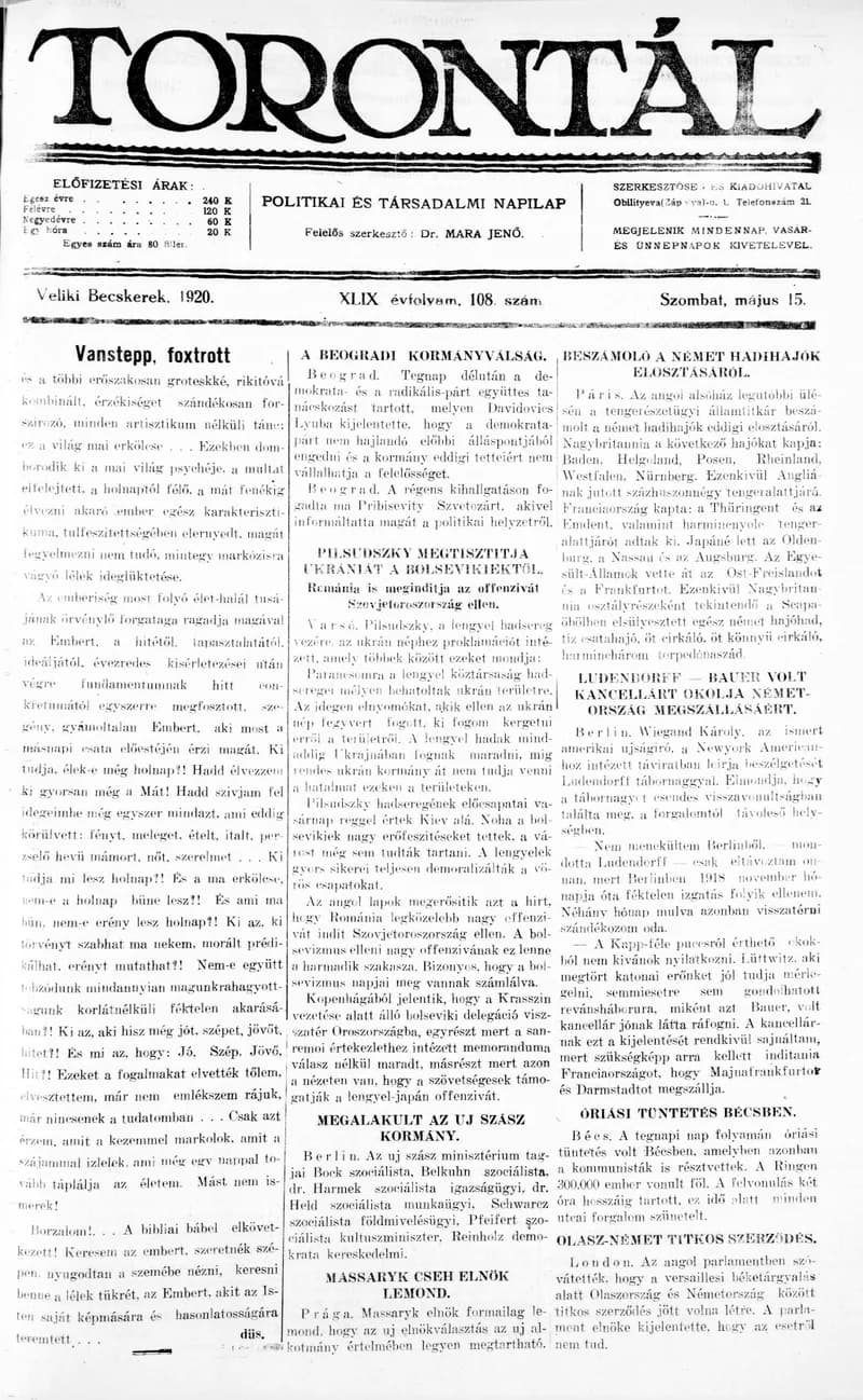 Torontál, 49. évf. 1920. május 15. 108. sz.