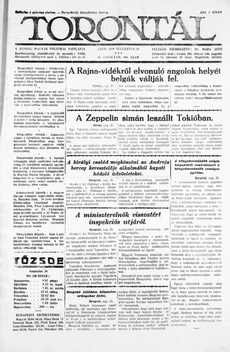 Torontál, 58. évf. 1929. augusztus 20. 190. sz.