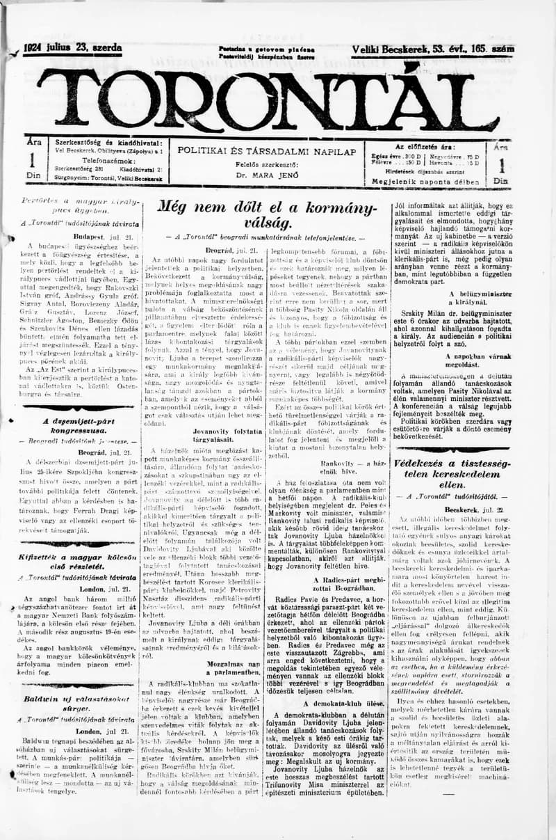 Torontál, 53. évf. 1924. július 23. 165. sz.