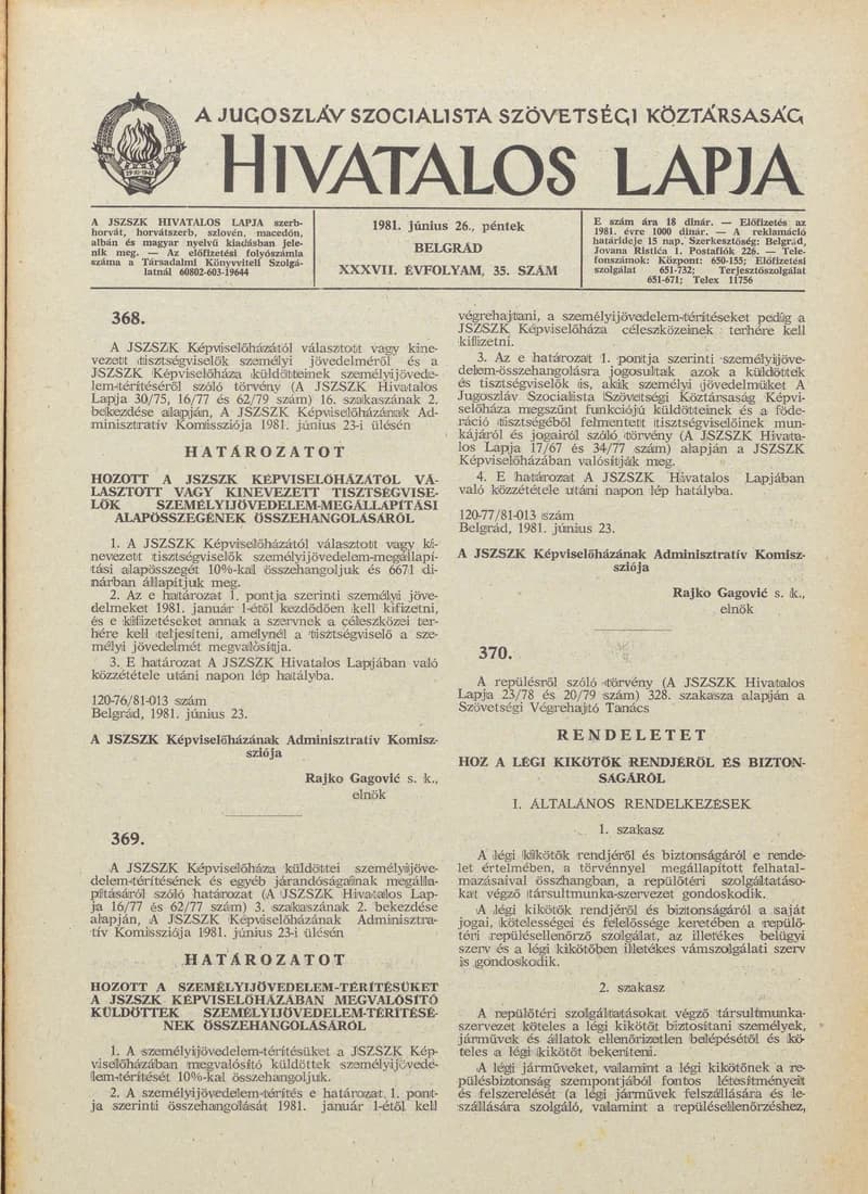 A Jugoszláv Szocialista Szövetségi Köztársaság Hivatalos Lapja, 37. évf. 1981. június 26. 35. sz. 929–964. oldal