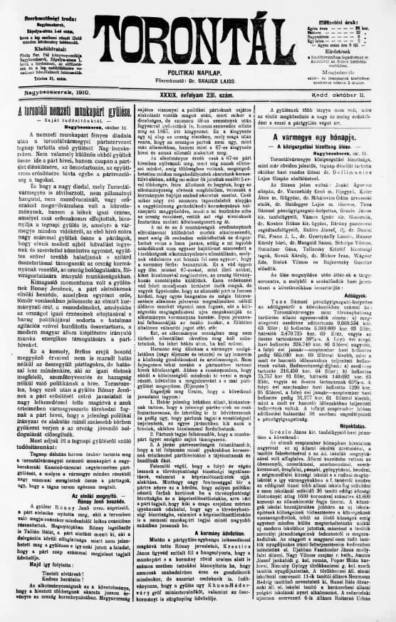 Torontál, 39. évf. 1910. október 11. 231. sz.