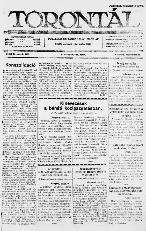 Torontál, 50. évf. 1921. szeptember 11. 198. sz.