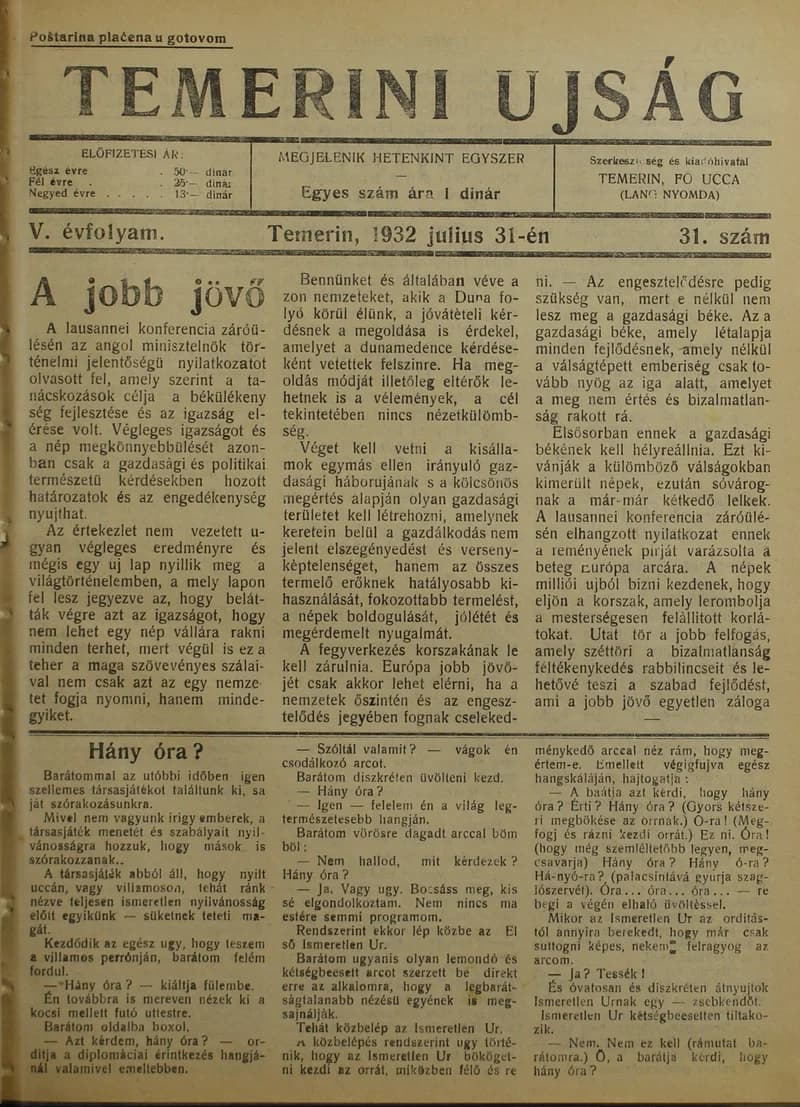 Temerini Újság 1928-1944, 5. évf. 1932. július 31. 31. sz.