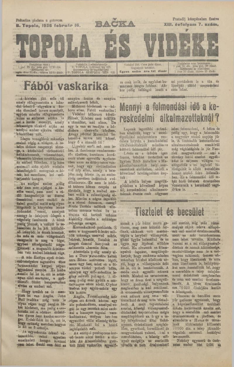 Bačka Topola és Vidéke, 13. évf. 1936. február 16. 7. sz.