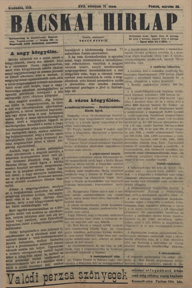 Bácskai Hirlap, 17. évf. 1913. március 28. 71. sz.