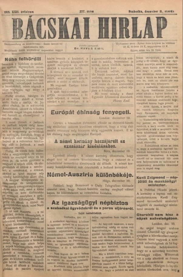 Bácskai Hirlap, 22. évf. 1918. december 11. 277. sz.