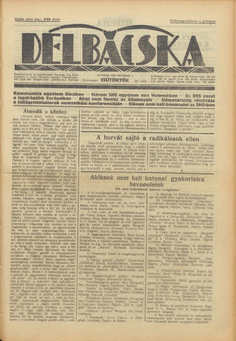 Délbácska, 6. évf. 1925. október 1. 227. sz.