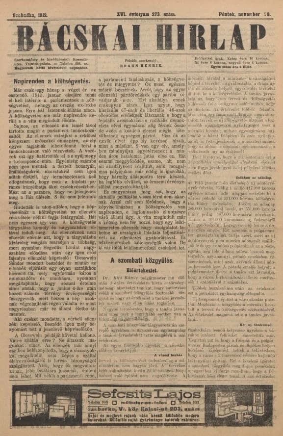 Bácskai Hirlap, 16. évf. 1912. november 29. 273. sz.