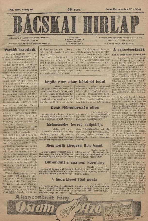 Bácskai Hirlap, 22. évf. 1918. március 22. 68. sz.