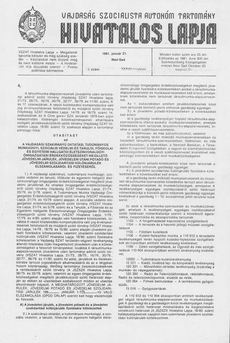 Vajdaság Szocialista Autonóm Tartomány Hivatalos Lapja, 37. évf. 1981. január 21. 1. sz.