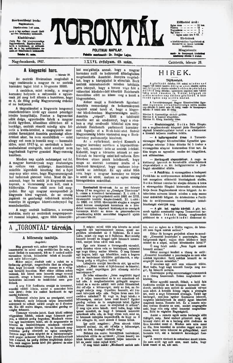 Torontál, 36. évf. 1907. február 28. 49. sz.