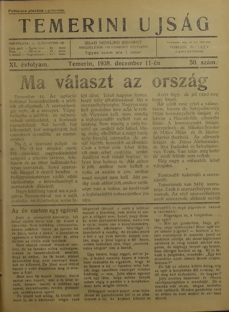 Temerini Újság 1928-1944, 11. évf. 1938. december 11. 50. sz.