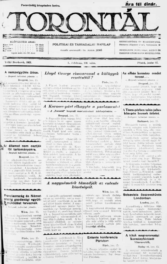 Torontál, 50. évf. 1921. június 17. 130. sz.