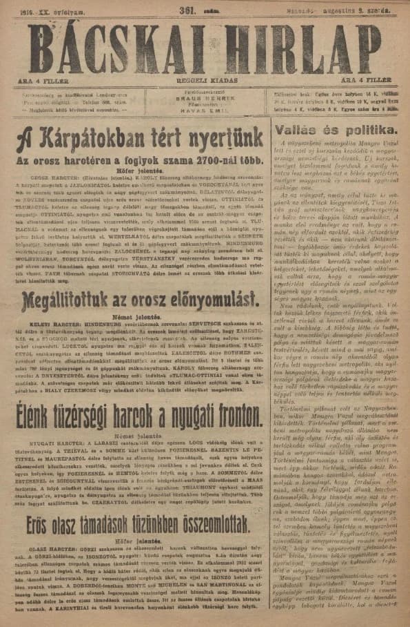 Bácskai Hirlap, 20. évf. 1916. augusztus 9. 361. sz.