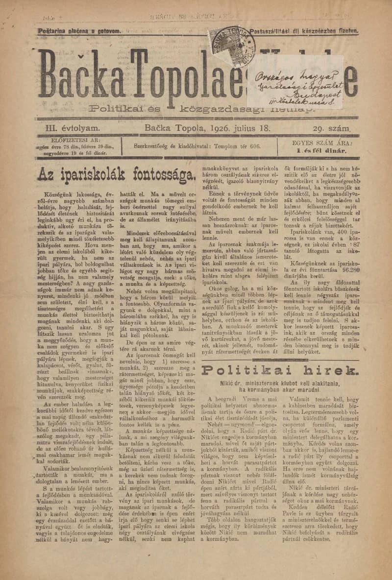 Bačka Topola és Vidéke, 3. évf. 1926. július 18. 29. sz.