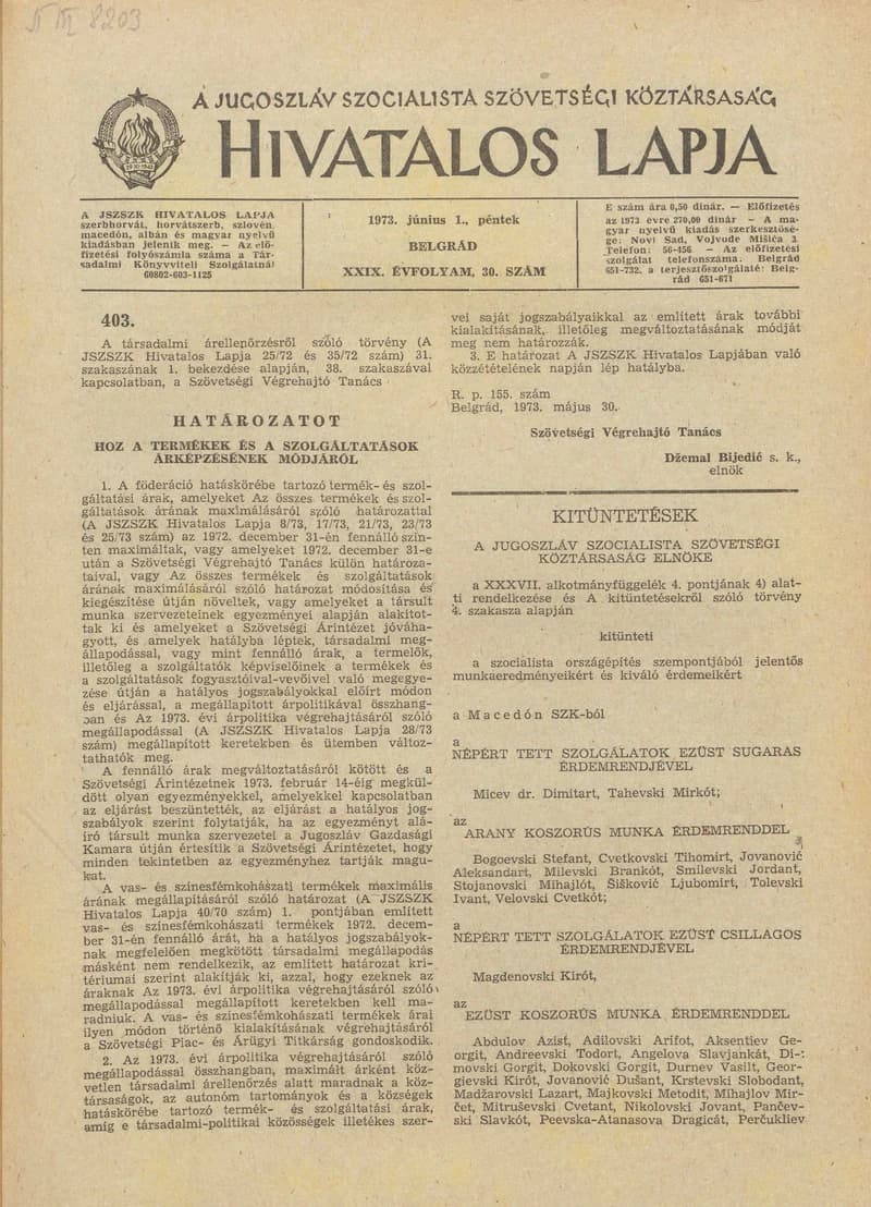 A Jugoszláv Szocialista Szövetségi Köztársaság Hivatalos Lapja, 29. évf. 1973. június 1. 30. sz. 941–944. oldal