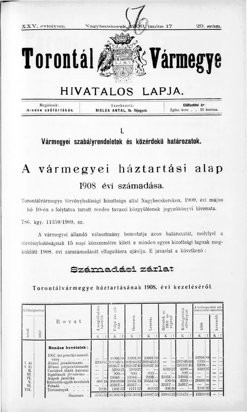 Torontál Vármegye Hivatalos Lapja, 25. évf. 1909. június 17. 29. sz.