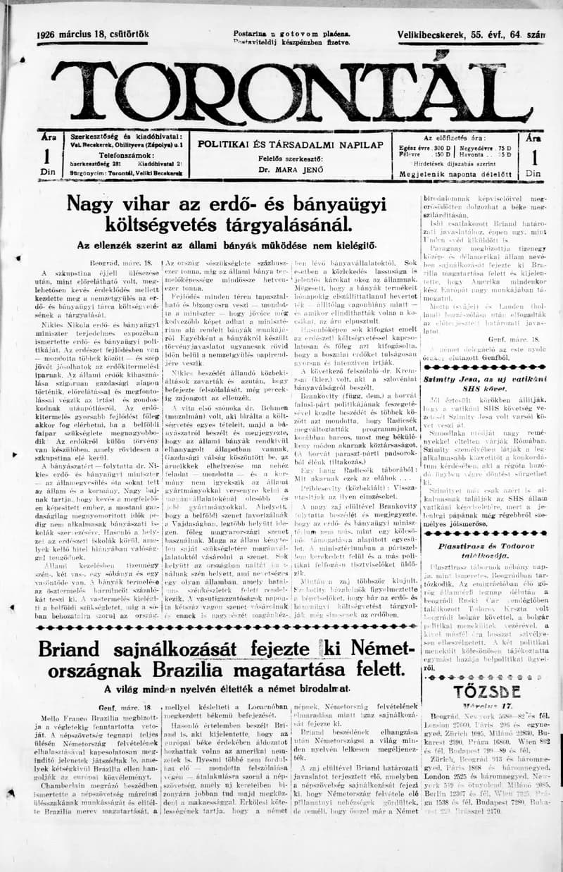 Torontál, 55. évf. 1926. március 18. 64. sz.