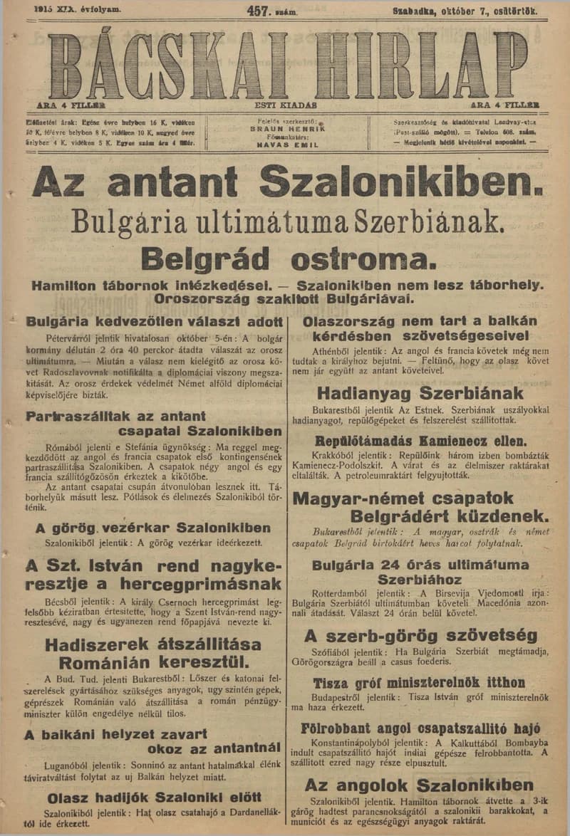 Bácskai Hirlap, 19. évf. 1915. október 7. 457. sz.