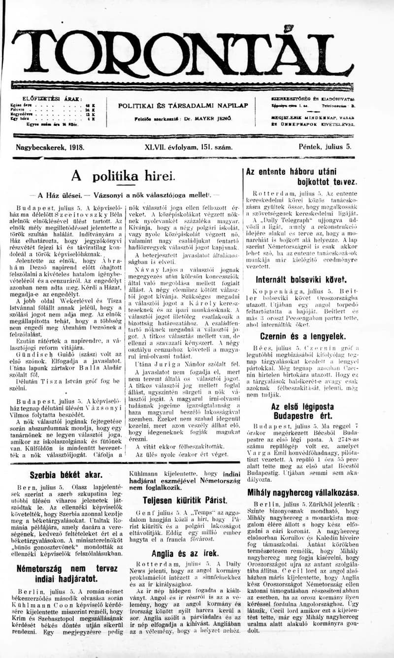 Torontál, 47. évf. 1918. július 5. 151. sz.