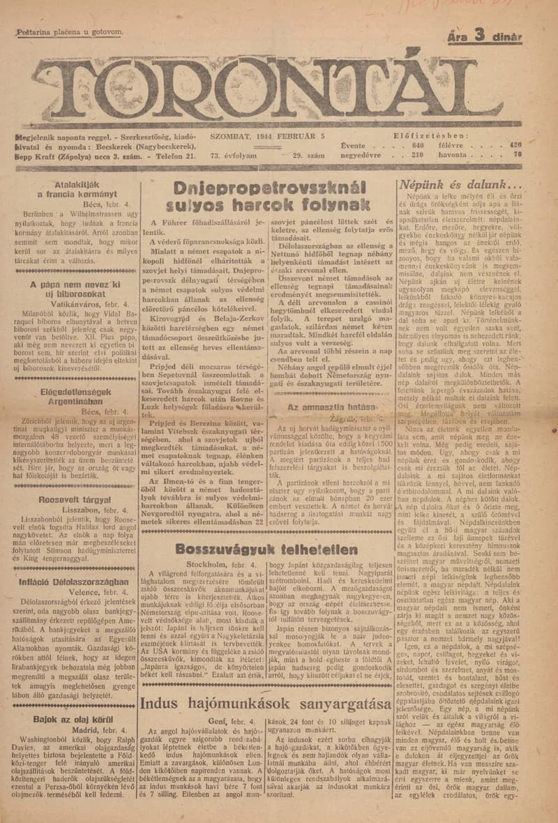 Torontál, 73. évf. 1944. február 5. 29. sz.