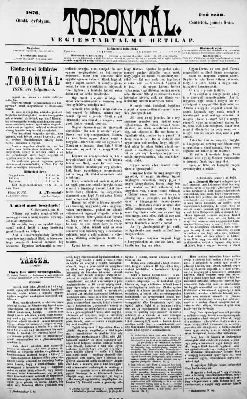 Torontál, 5. évf. 1876. január 6. 1. sz.