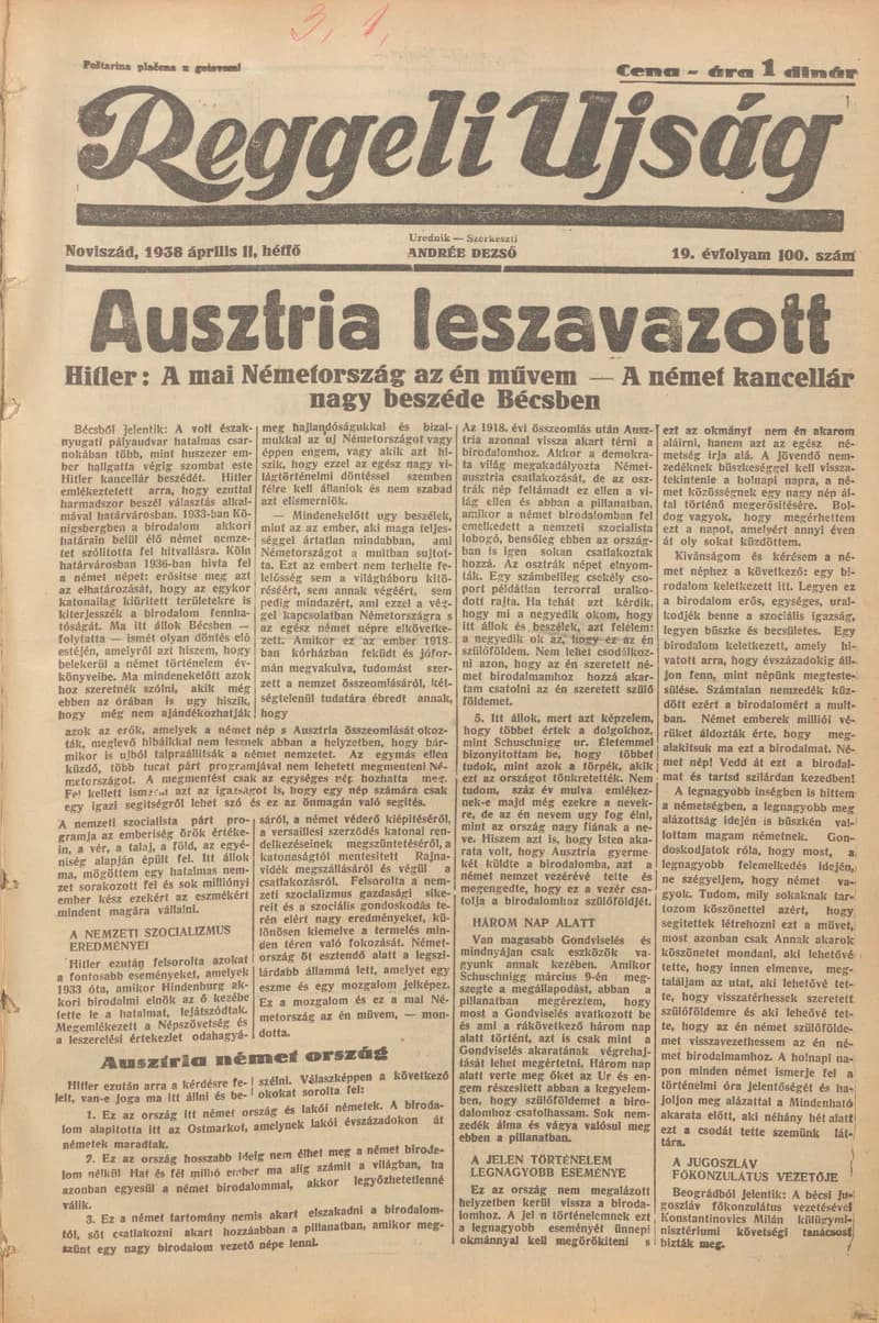 Reggeli Újság, 19. évf. 1938. április 11. 100. sz.