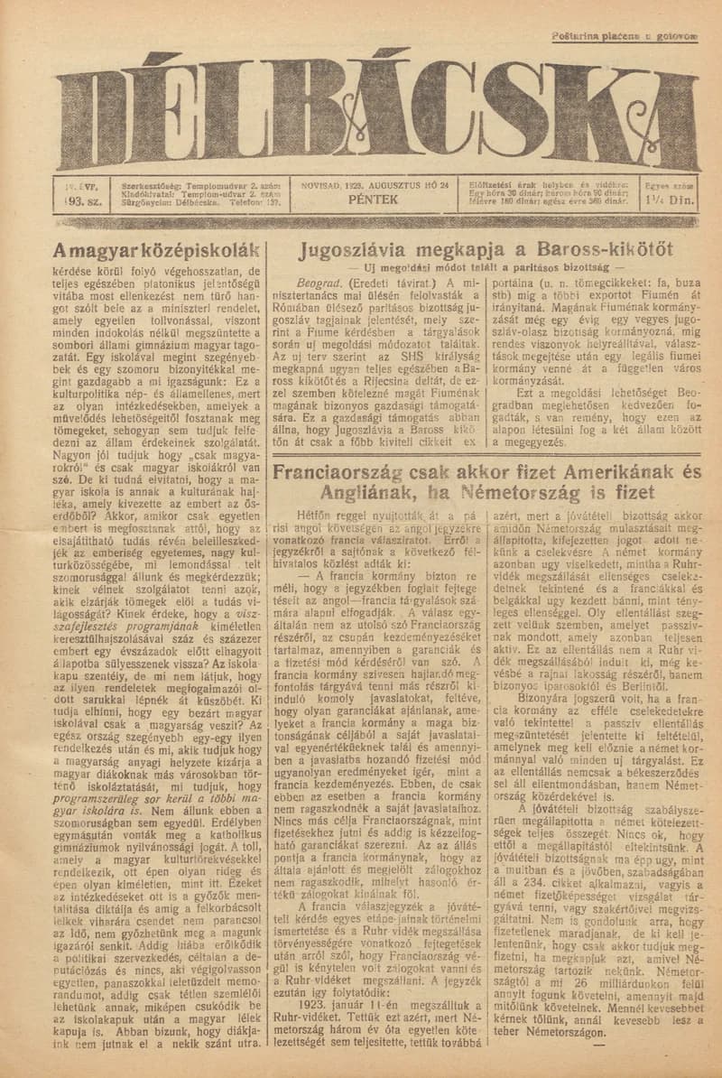 Délbácska, 4. évf. 1923. augusztus 24. 193. sz.