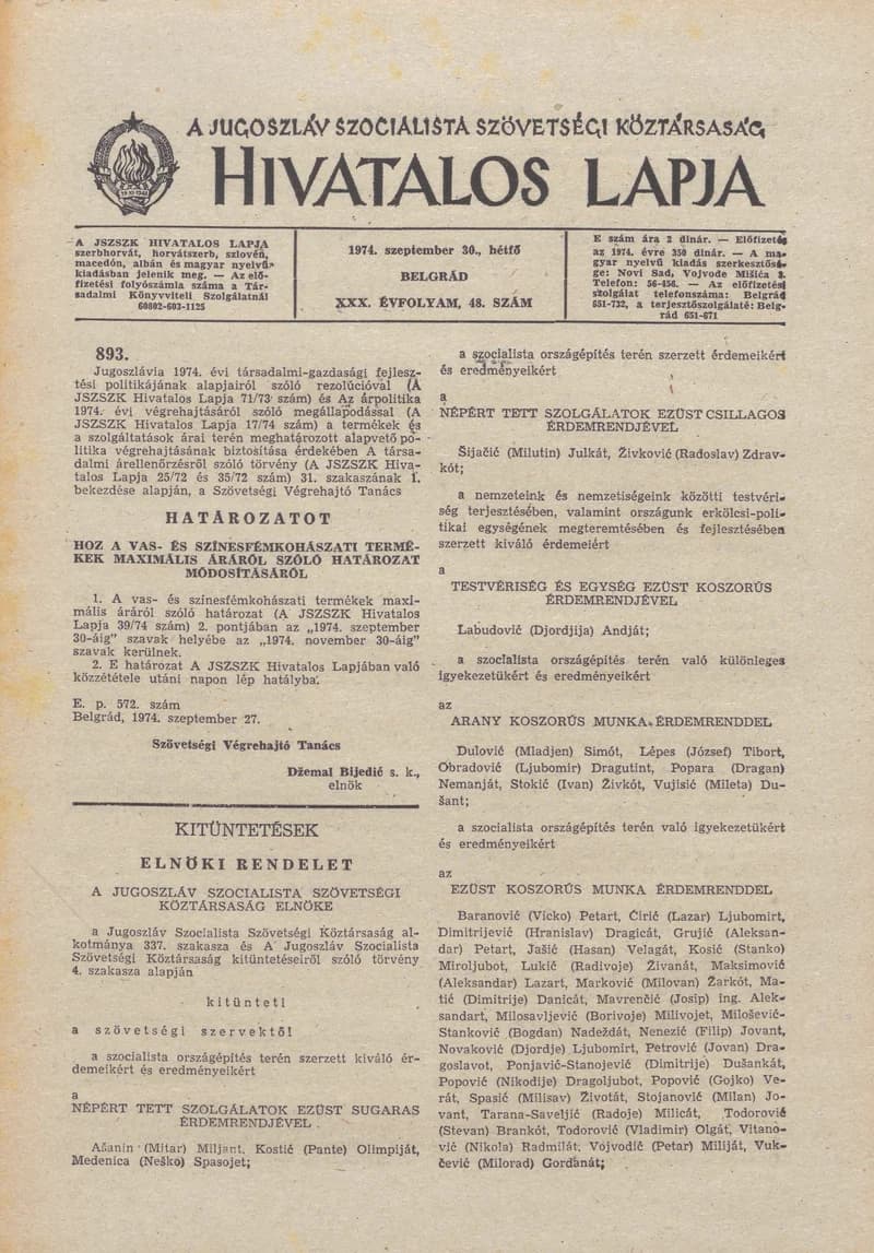A Jugoszláv Szocialista Szövetségi Köztársaság Hivatalos Lapja, 30. évf. 1974. szeptember 30. 48. sz. 1469–1472. oldal