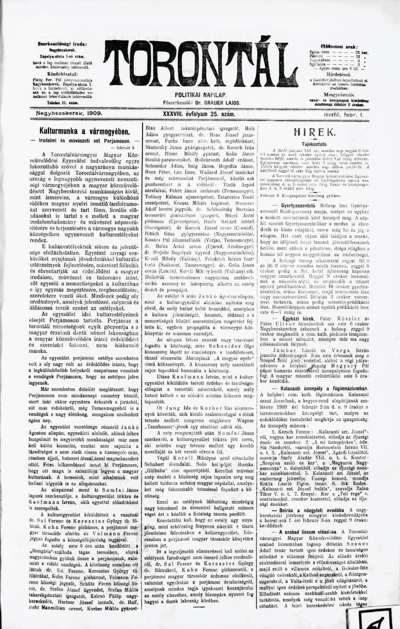Torontál, 38. évf. 1909. február 1. 25. sz.