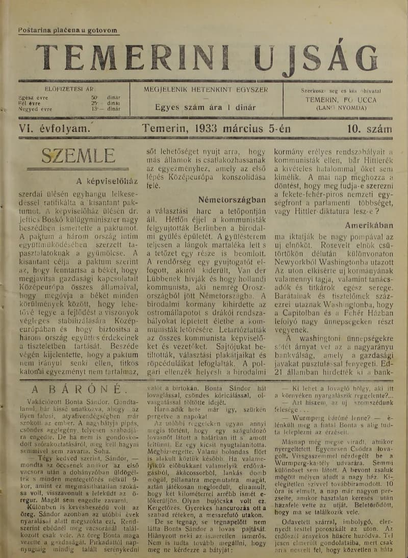 Temerini Újság 1928-1944, 6. évf. 1933. március 5. 10. sz.