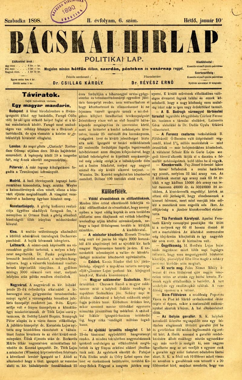 Bácskai Hirlap, 2. évf. 1898. január 10. 6. sz. 1–2. oldal