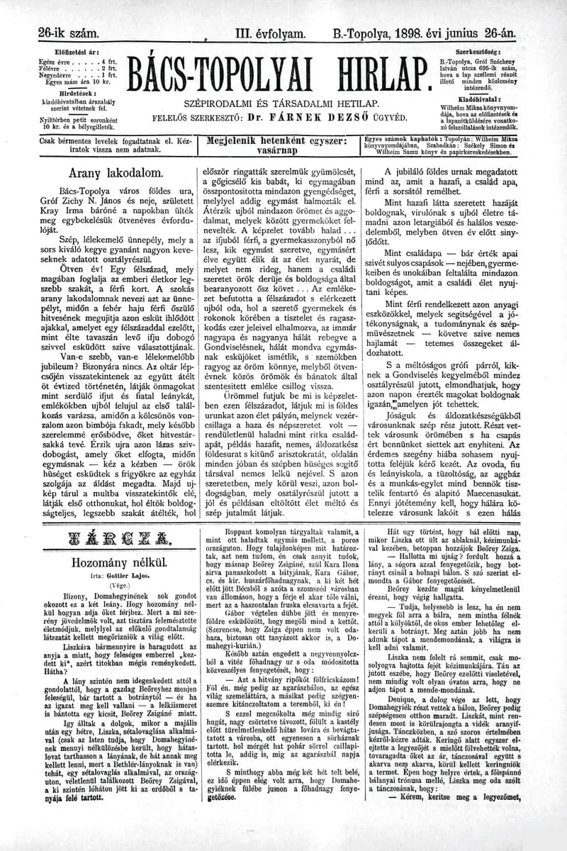 Bács-Topolyai Hirlap, 3. évf. 1898. június 26. 26. sz.