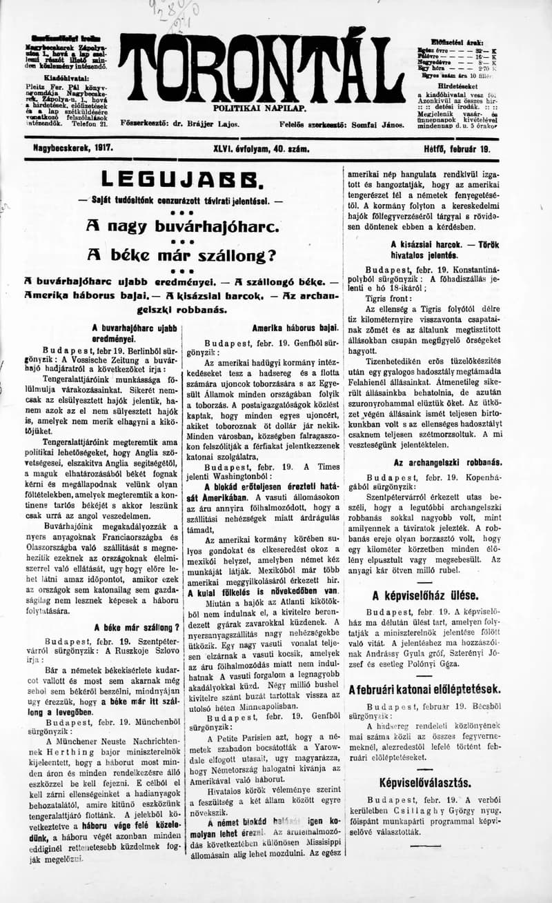 Torontál, 46. évf. 1917. február 19. 40. sz.