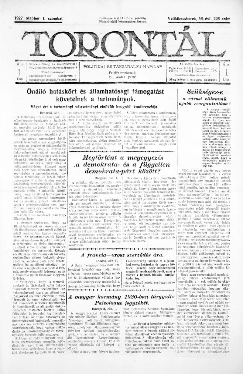 Torontál, 56. évf. 1927. október 1. 226. sz.