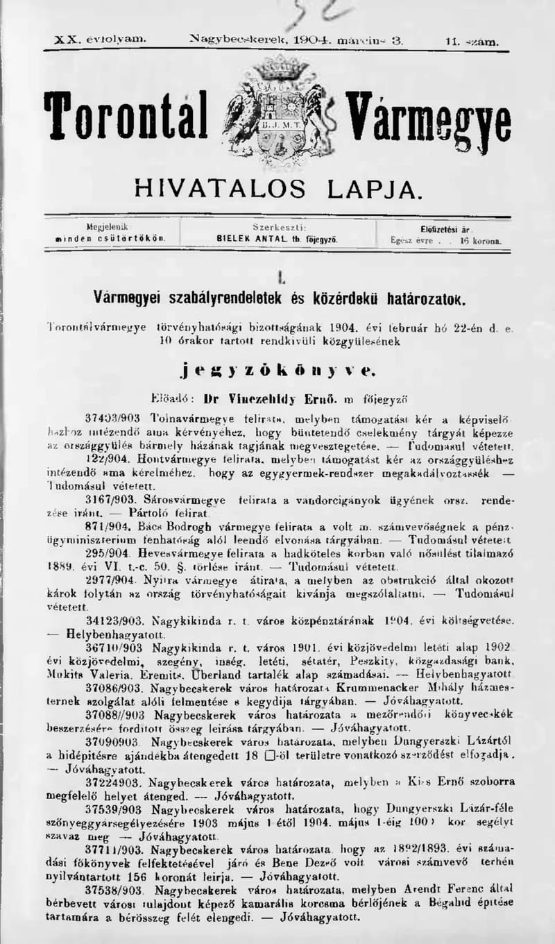 Torontál Vármegye Hivatalos Lapja, 20. évf. 1904. március 3. 11. sz.
