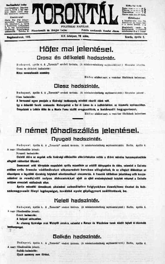Torontál, 45. évf. 1916. április 5. 78. sz.