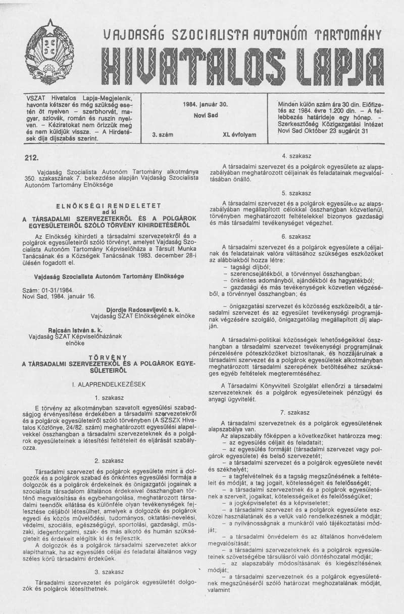 Vajdaság Szocialista Autonóm Tartomány Hivatalos Lapja, 40. évf. 1984. január 30. 3. sz.