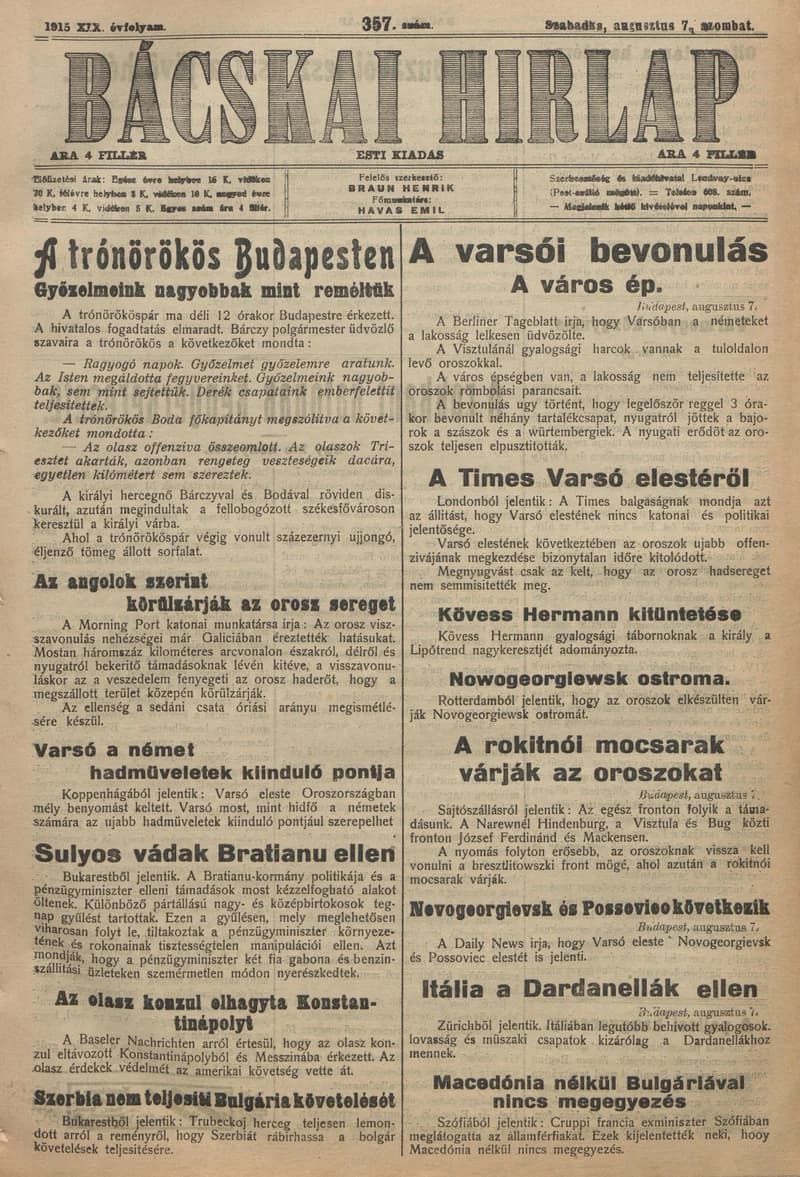 Bácskai Hirlap, 19. évf. 1915. augusztus 7. 357. sz.