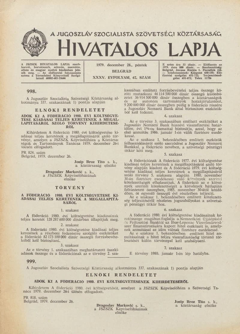 A Jugoszláv Szocialista Szövetségi Köztársaság Hivatalos Lapja, 35. évf. 1979. december 28. 67. sz. 1953–2040. oldal