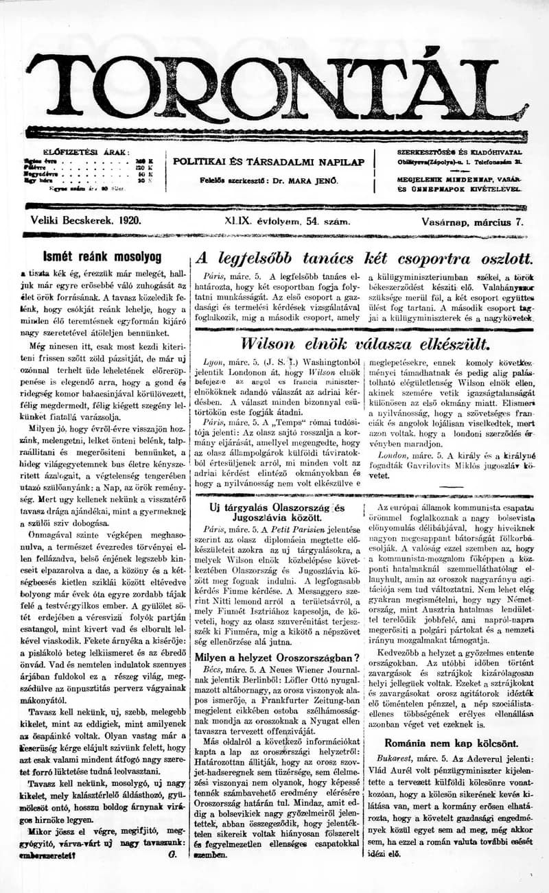 Torontál, 49. évf. 1920. március 7. 54. sz.