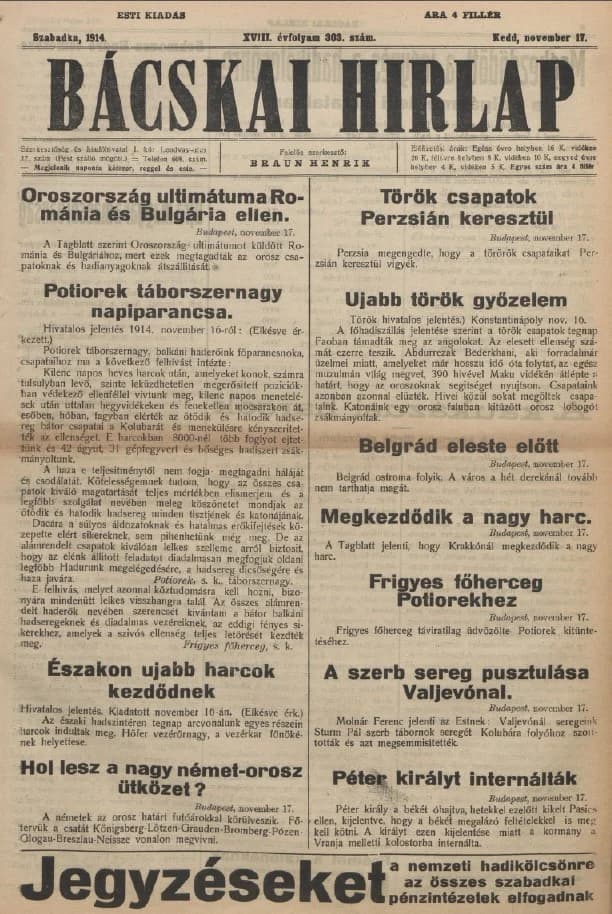 Bácskai Hirlap, 18. évf. 1914. november 17. 303. sz.