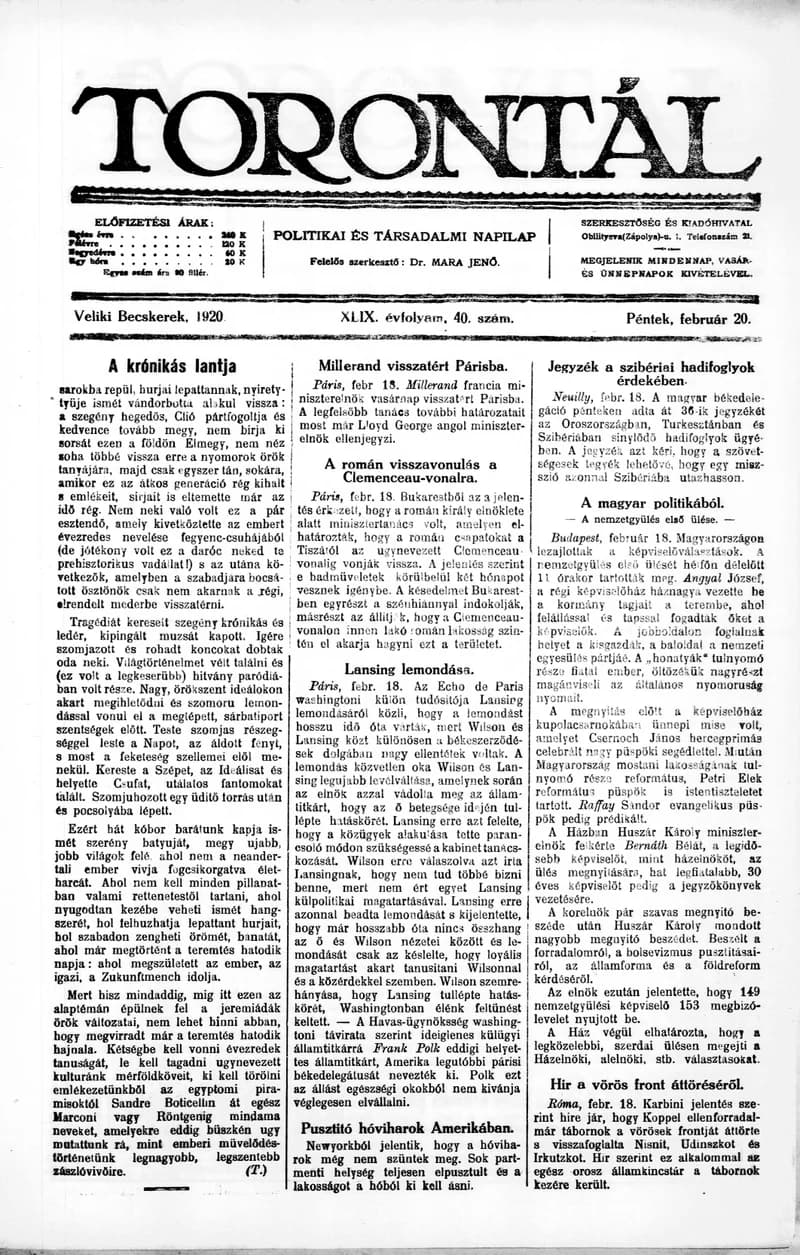 Torontál, 49. évf. 1920. február 20. 40. sz.